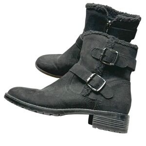 Unisa All Black Ankle Faux Suede Boots Faux Fur Lining Buckle Straps Size 8M